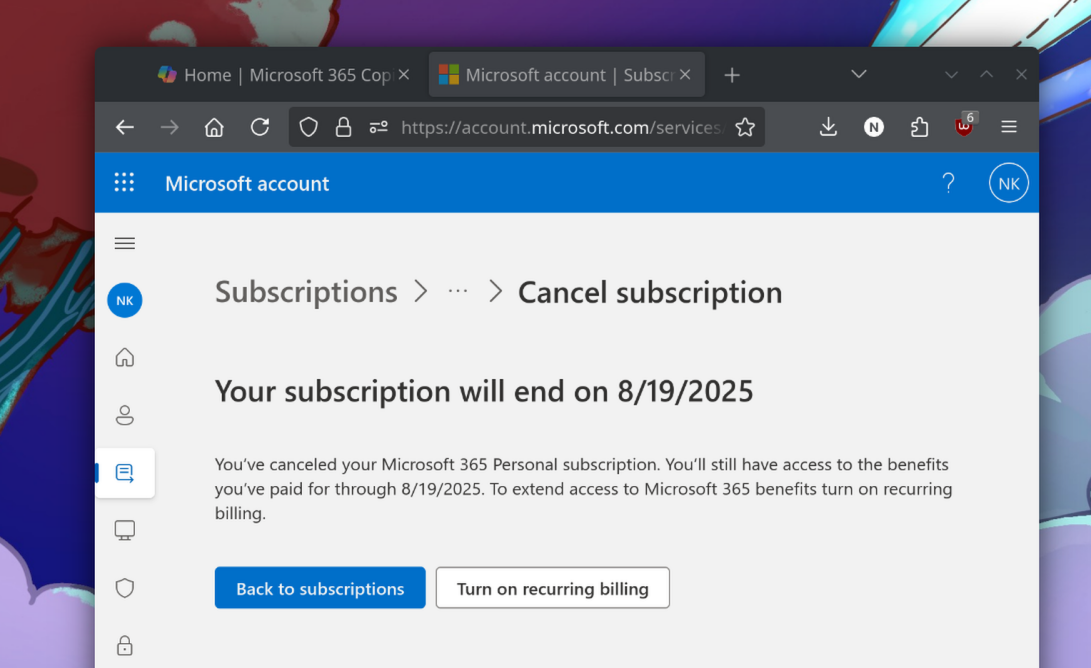 A screenshot of the screen shown after cancelling a Microsoft 365 subscription